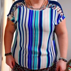 NWT AUW XL vertical stripe blue short sleeve top